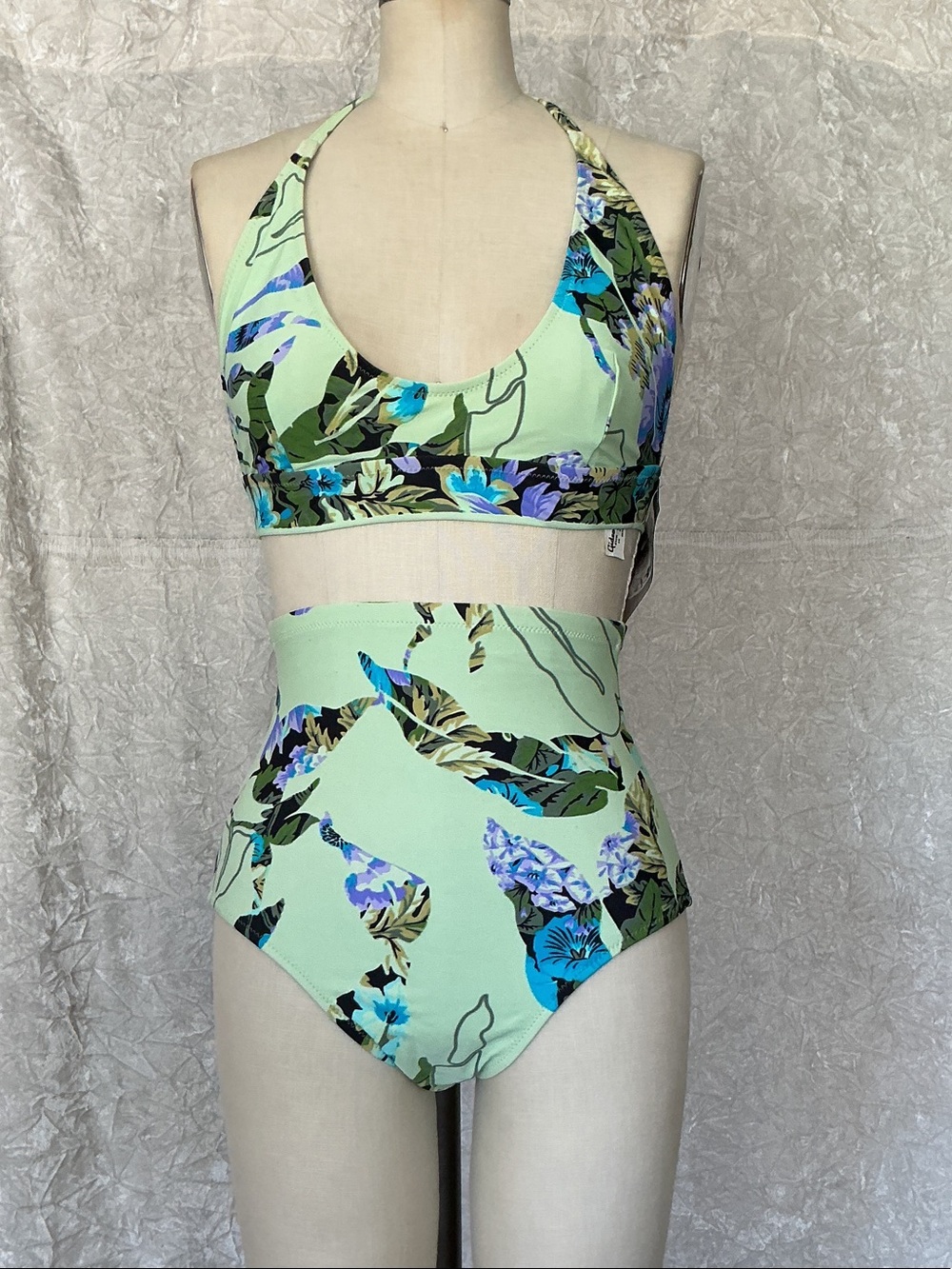 Rare Gideon Oberson Floral Halter High-Waist Bikini Set - Mint